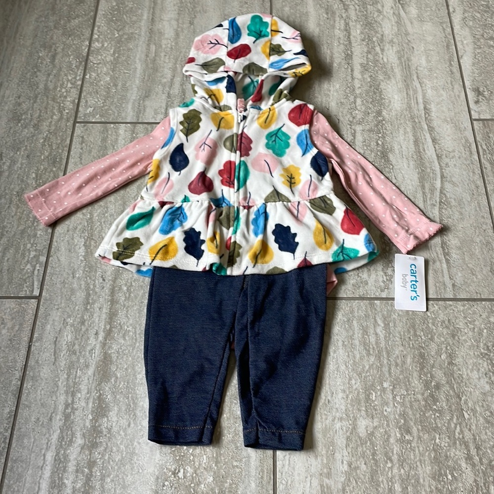 Carter’s baby 3pc set , 9 months,orange,(onesie),cream hooded dress,blue pants